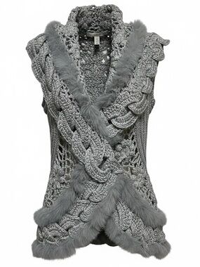 Slonl Gray Crochet Cabled Sweater Vest Rabbit Fur Size Large XLarge